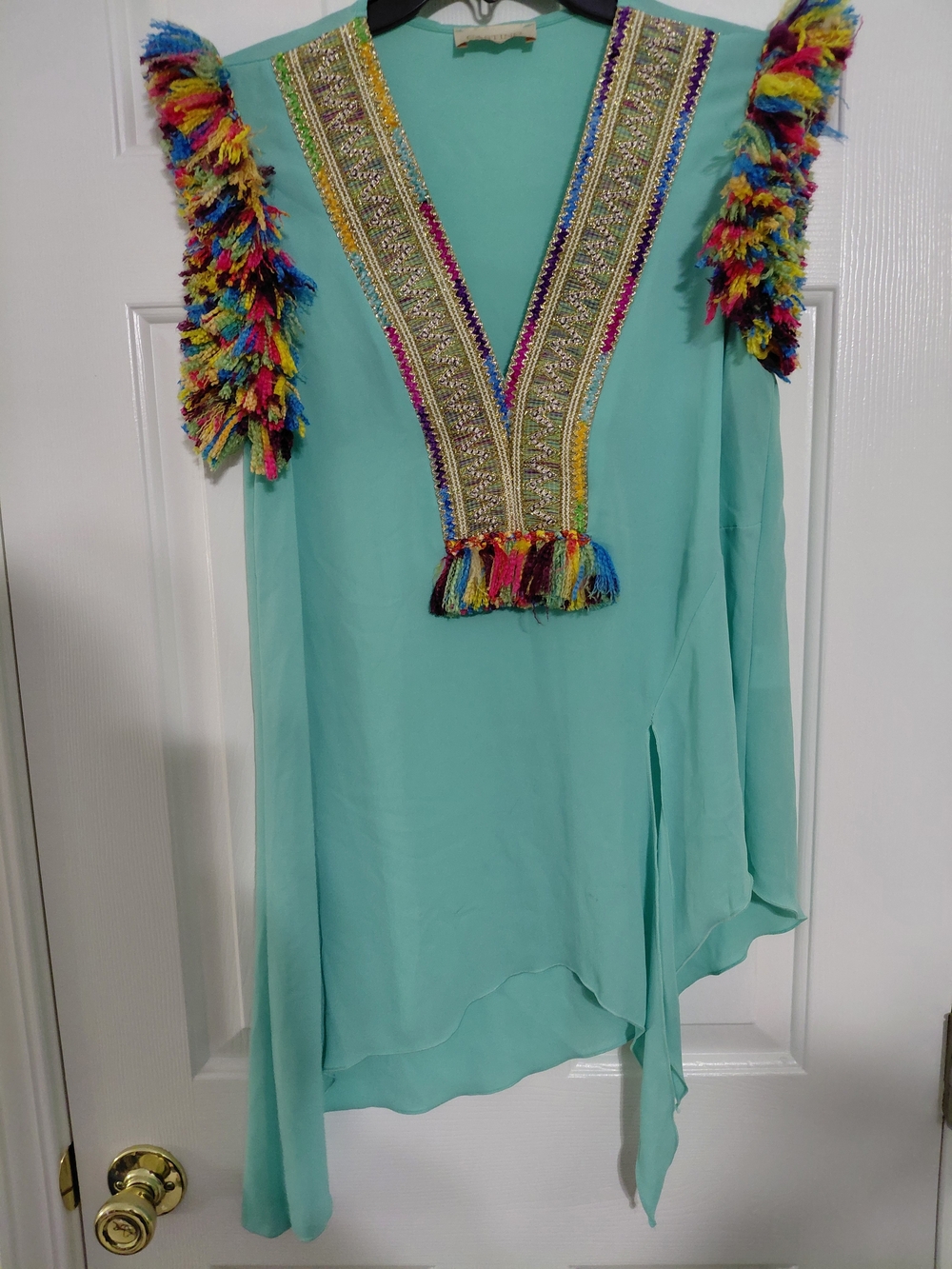Boho Embellished V-Neck Tunic in Aqua with Multicolor Tassels